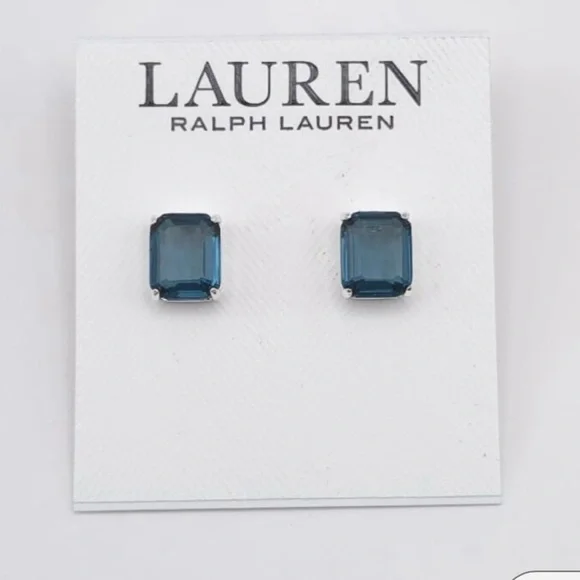 Lauren Ralph Lauren Silver Tone & Deep Blue Square Stud Earrings - NWT ** - Picture 1 of 4